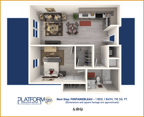 Floor plan for 1 bed, 1 bath, 710 sqft